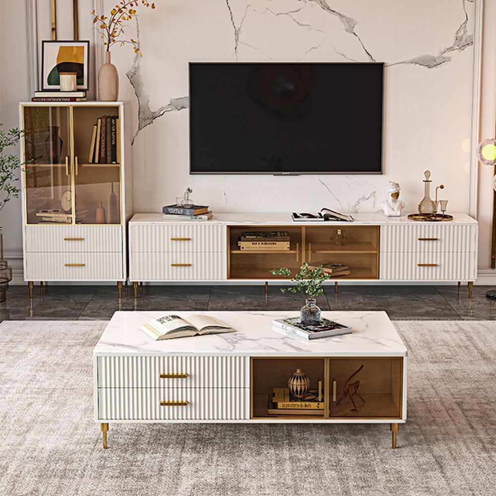 78_ Modern TV Stand Media Unit with Sensor Light Sintered Stone Top, Pinewood Drawers, Tempered Glass Doors