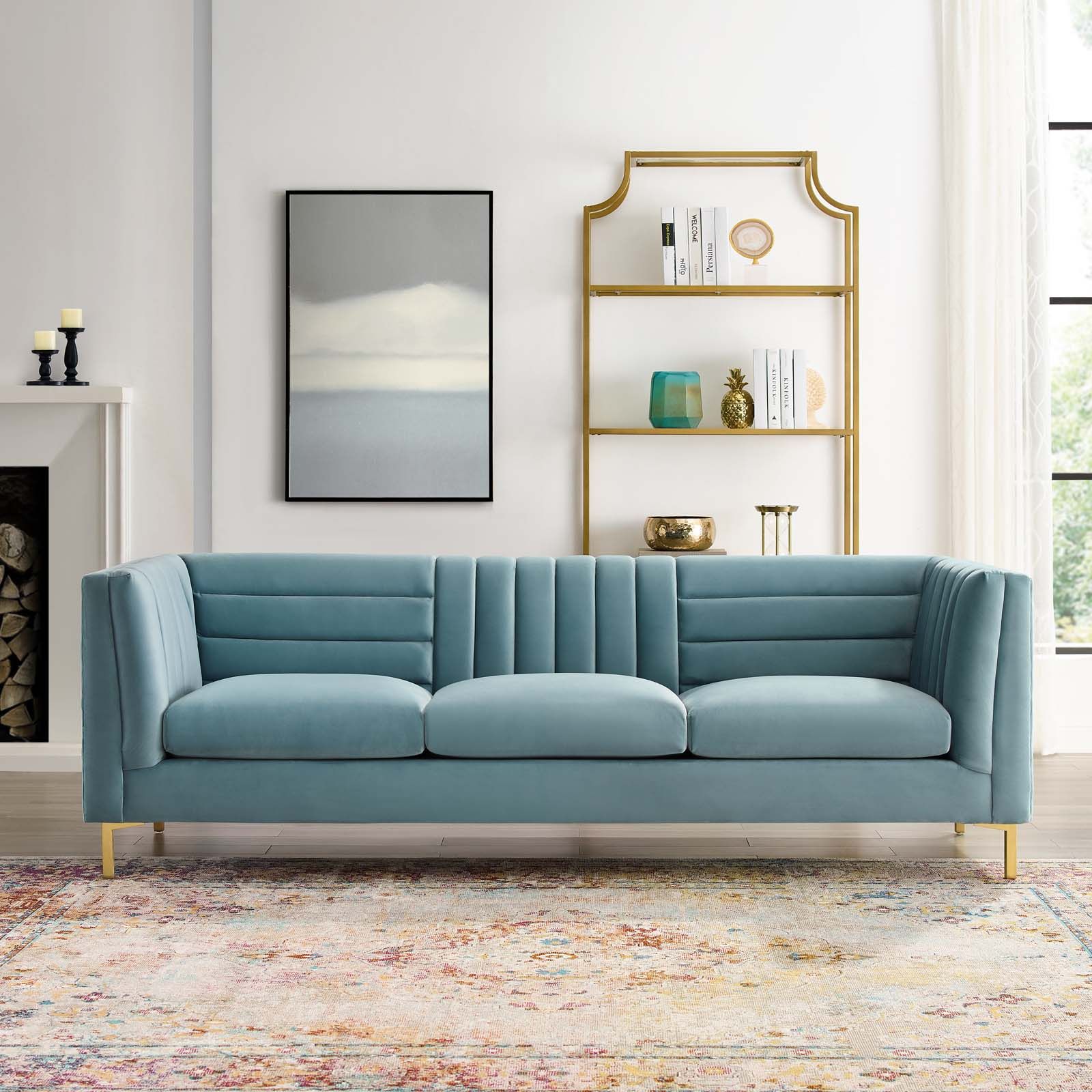 Ingenuity Channel Tufted Spill Resistant Velvet Sofa Light Blue by Modway