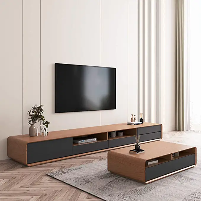 POVISON Modern Wood White TV Stand, Lowline Media Console with 4 Drawers, Open Storage Cabinet, Walnut Veneer, Fully-Assembled, 78_
