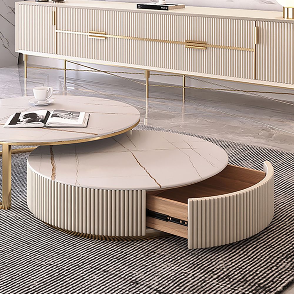 Round Modern Stone Top Nesting Coffee Table Fluted with Drawer in White & Gold-Homary